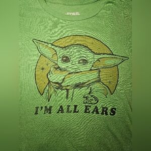 Large Mens Groku Im All Ears Star Wars Green Shirt, Small Hole, Used.